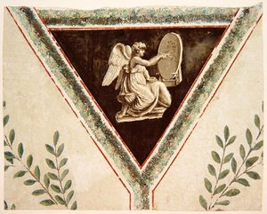 Detalhe de papel de parede retratando um painel com um anjo de French School