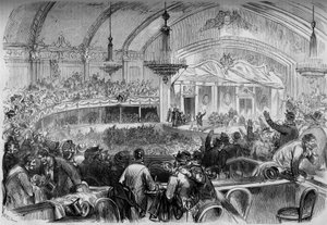 Guerra de 1870 - eleição legislativa durante o armistício - Fevereiro de 1871: reunião eleitoral no Cabaret des Folies Bergeres em Paris para a proclamação dos candidatos à Assembleia Nacional. Gravura no "Le Monde Illustré" n°722 de 11 de Fevereiro de 187 de French School