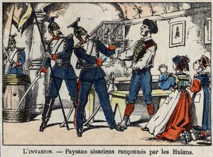Guerra de 1870 entre a França e a Prússia: Os camponeses alsacianos dirigidos pelos Hulans (Uhlans, Houlans) imagem de Epinal. de French School