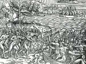 Cena de guerra, Brasil, ilustração de "Singularities of France Antarctique", de Andre de Thevet, 1558 de French School