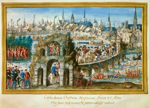 Espectáculos aquáticos organizados pela cidade de Rouen por ocasião da entrada real do rei Henrique II (1519-1559) e de Catarina de Médicis (Caterina de Médicis) (1519-1589) em 1/10/1550. Reconstituição à esquerda de uma aldeia de índios no Brasil. Miniatu de French School