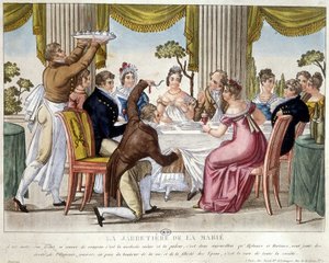 Refeição de casamento, ritual da liga - c. 1812. de French School