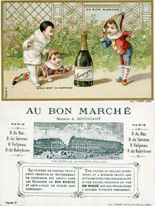 Que sorte! uma garrafa de champanhe; frente e verso de um cartão promocional para as lojas de departamento Bon Marché em Paris, c.1895 de French School
