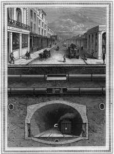 O que está debaixo do pavê de Londres (Grã-Bretanha): Tubo de gás, tubo de água, tubo pneumático para resíduos, esgotos, túnel e linha férrea para áreas metropolitanas. Gravura em "La Nature. Revue des sciences et de ses applications aux arts et à l