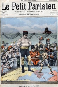Branco e Amarelo (desenho animado sobre a guerra russo-japonesa: países como França, EUA, China... assistindo ao boxe no Japão e na Rússia). Capa Le petit Parisien de 3 de Abril de French School