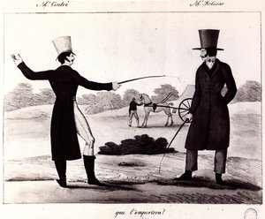 Quem ganhará Cena do duelo entre M. Cintre e M. Bolívar, c.1820 de French School