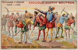 William of Orange destruindo diques para permitir a inundação da Holanda (chromolitho) de French School