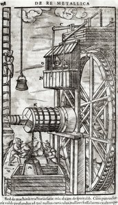 Guincho para obter água de uma mina, ilustração de De Re Metallica por Georg Bauer (1494-1566), conhecido como Agricola, 1561 de French School