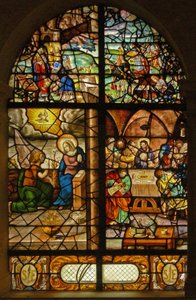 Window Charnier-12, representando Melchisedek, Anunciação, Última Ceia de French School