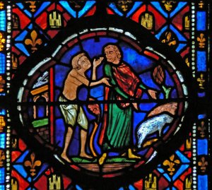 Janela Ew-L retratando uma cena da história do Filho Pródigo: depois de gastar todo o seu dinheiro, ele cuida de porcos e reflete sobre sua situação. de French School