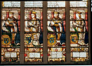 Janela representando François de Bourbon (1539-92) Príncipe Delfim, René dAnjou (1550-1574) Duquesa de Montpensier, Henrique de Bourbon (1573-1608) Duque de Montpensier e Catarina de Joyeuse, Duquesa de Guis de French School
