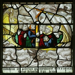 Janela que representa São Nicolau salvando os peregrinos do naufrágio em uma tempestade (vitral) de French School