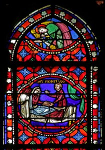 Janela retratando a cena da vida de Saint Bonnet: cura de uma mulher cega de French School