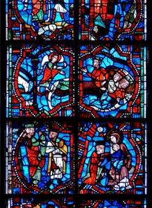 Janela retratando cenas da Infância de Cristo, incluindo os Magos sendo advertidos durante o sono, e os Reis Magos com a Virgem e o Menino de French School