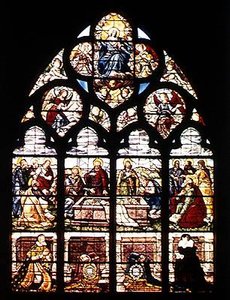 Janela retratando a Assunção da Virgem e os doadores, o Marechal de Montigny e sua esposa, Gabrielle de Crevent, da Capela das Fontes Batismais, 1619 de French School
