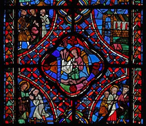 Janela retratando a segunda seção da janela de St James, w5: no centro estão os pregos da Paixão; Fileto é convertido; Hermógenes com São Tiago; uma igreja; St James com 2 homens nn (manchado g de French School