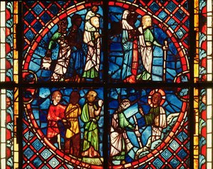 Janela da Capela da Virgem representando os israelitas no Deserto e Moisés no Monte Sinai, c.1240-50 de French School