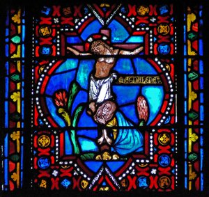 Janela n1-L representando uma cena da vida de Santa Maria Madalena - o santo ao pé da cruz de French School