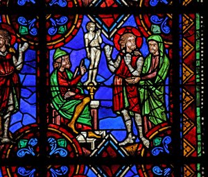 Janela w06 representando St Julian de Brioude história - St Ferreol, um amigo de Julien, que morreu durante as perseguições de Diocleciano, forçado a adorar ídolos de French School