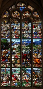 Janela w124 representando Abraão e Melquisedeque; St James em batalha com os mouros na Espanha; cenas da vida de St James de French School