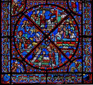 Janela w15 representando a história das relíquias de St Stephens: a parte inferior da janela de French School