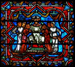 Janela w17 representando uma cena da história do Filho Pródigo: as cortesãs o atraem de French School