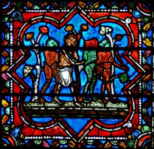 Janela w17 retratando uma cena da história do filho pródigo: demônios o levam ao erro - ele cai em tempos difíceis de French School