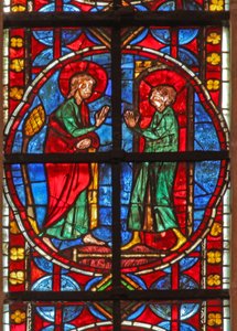 Janela w210 retratando St James e o mágico Hermogenes aprendiz Philetus de French School