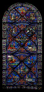 Janela w21 retratando cenas da vida de St Eustache de French School
