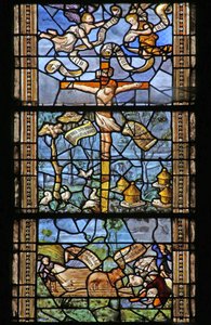 Janela w26 retratando Cristo na Cruz cercada por cenas campestres inspiradas por Virgílio. Janela dada por Thomas Mangin: de French School