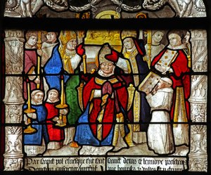 Janela w31 representando uma cena da vida de St Denis: seu é ordenado bispo de French School