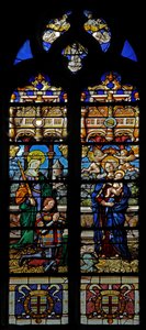 Janela w3 representando St Barbara e o doador Jean de Montmorencyn de French School