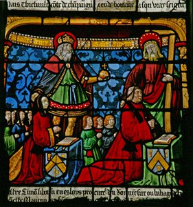 Janela w3 representando doadores - Henriette de Mauroy e Simon Liboron com seus filhos e patronos São Henrique e Simão de Cirene de French School