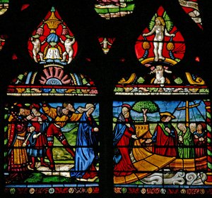 Janela w6 representando uma cena da vida de St Mary Magdalene - ela embarca em um barco de French School