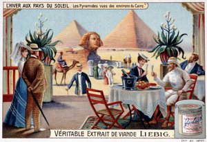 Inverno nos países do sol: pirâmides vistas dos arredores do Cairo - Vinheta publicitária, chromo. Liébig, v.1900. de French School