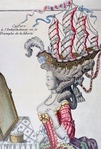 Mulher em um vestido de dia com um penteado a la Belle Poule, período da independência americana, 1779-80 de French School