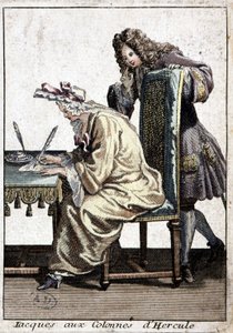 Mulher de camisa e touca de dormir a escrever uma carta com homem, n.d. v. 1715. de French School