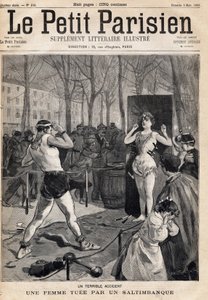 Mulher morta por acidente durante um show de saltibank na rua, Place des Quinconces em Bordeaux. Um dos jornais " Le petit Parisien" em 5/03/1893 (gravura) de French School