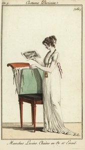 Mulher a olhar para um portfólio de gravuras de French School
