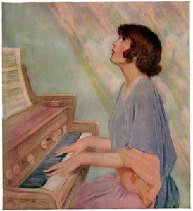Mulher tocando órgão de French School