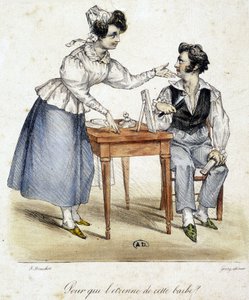 Mulher observa o resultado de um homem que acabou de fazer a barba de French School