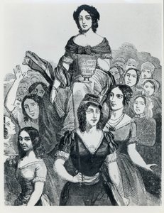 Mulheres carregando Jeanne Deroin (1805-94) em triunfo, de mulheres famosas, volume I, Paris, Mazenod, 1848 de French School