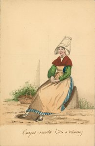Traje feminino de Corps-Nuds, Ille-et-Vilaine (litografia a cores) de French School