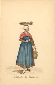 Fato de mulher de uma leiteira de Rennes (litografia a cores) de French School