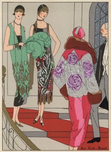 Moda de noite feminina dos anos 20 dos estilistas Edward Molyneux e Martial e Amand (litografia a cores) de French School