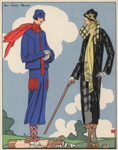 Moda feminina de golfe da década de 1920 dos estilistas Martial e Armand e Christoph Drecoll. (litografia a cores) de French School