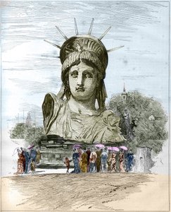 Exposição Mundial 1878 em Paris: a cabeça da Estátua da Liberdade de Frederic Auguste Bartholdi (1834-1904). Gravura de Edgard Morin em "O Mundo Ilustrado" n°1111 de 13 de Julho de 1878. de French School