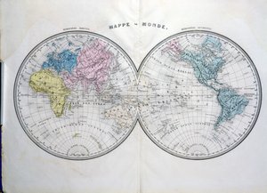 Mapa-múndi, ilustração do atlas geográfico moderno por Prosper-Auguste Poulain de Bossay, c.1850