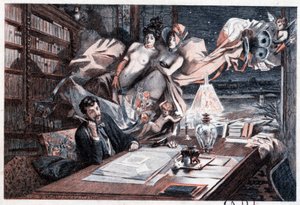 Escritor na sua mesa de trabalho inspirado por mulheres nuas e angelicais - em "Menus-propos d