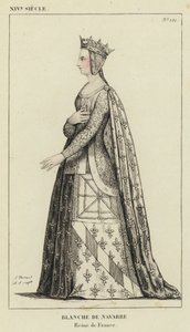Século XIV, Blanche de Navarra, Rainha de França (gravura a cores) de French School